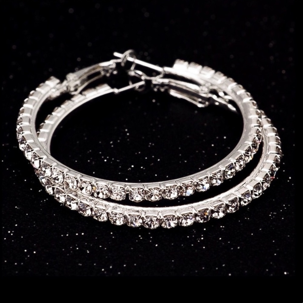 Silver & Crystal 2” Hoop Earrings - Picture 5 of 8